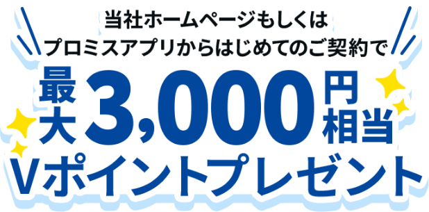 当社ホームページもしくはプロミスアプリからはじめてのご契約で最大3,000円相当Vポイントプレゼント